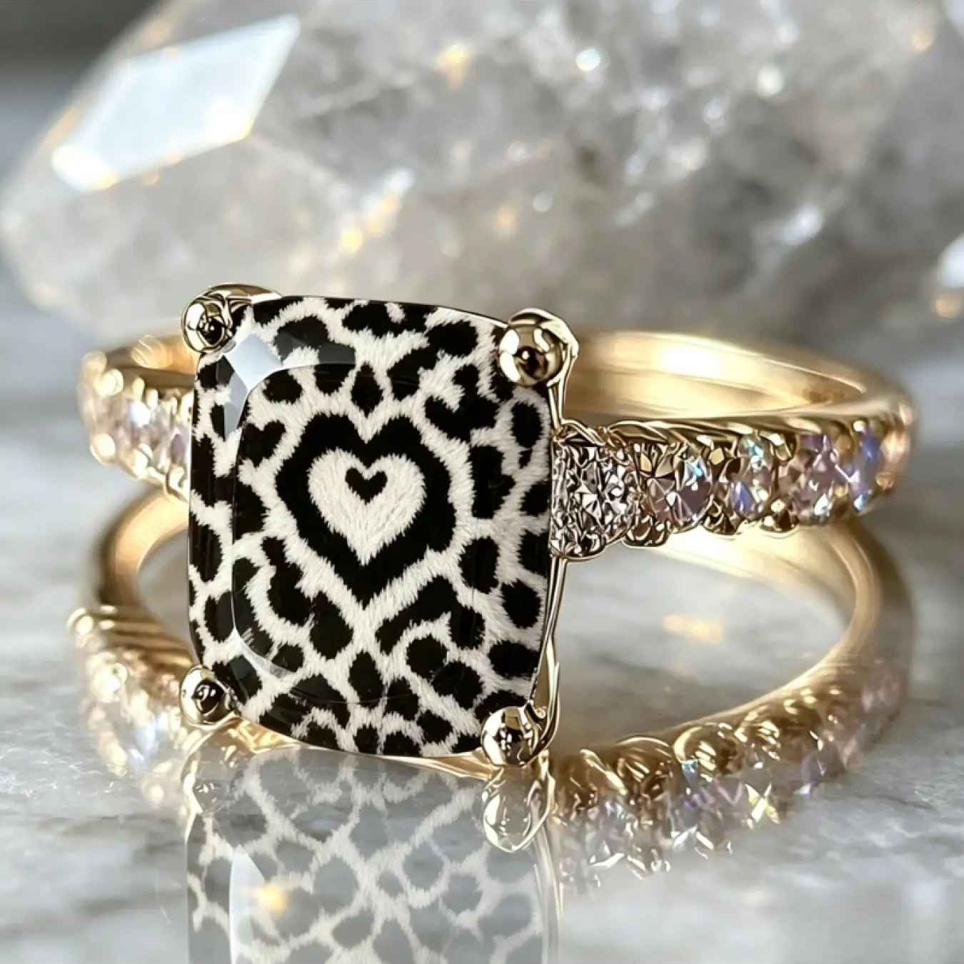 Black and White Heart Leopard Square Ring