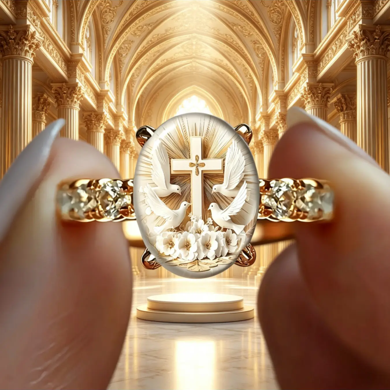 Holy Cross Dove Oval Ring