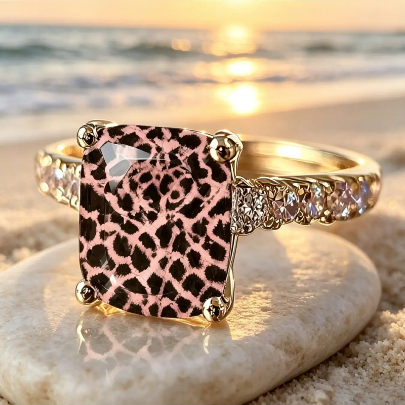 Pink Black Leopard Square Ring