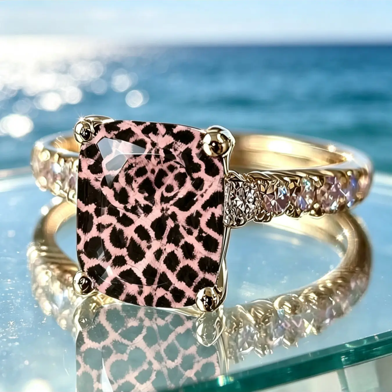 Pink Black Leopard Square Ring