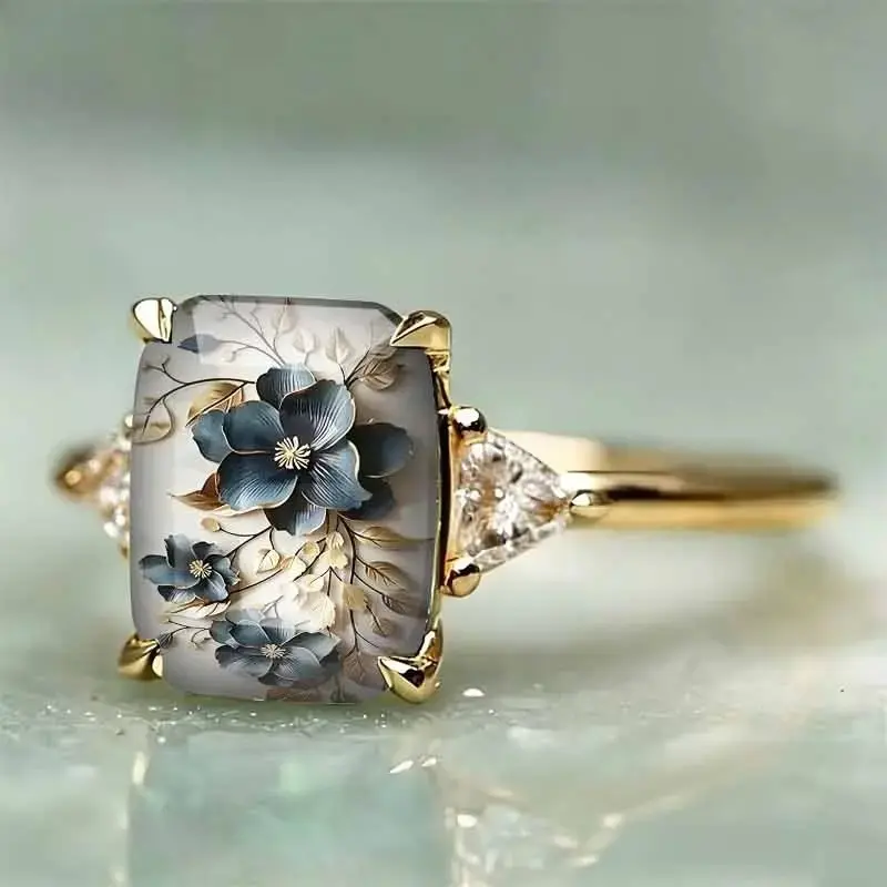 Blue Floral Art Statement Ring