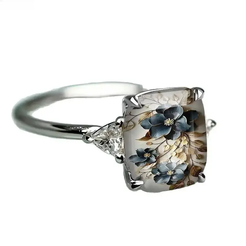 Blue Floral Art Statement Ring