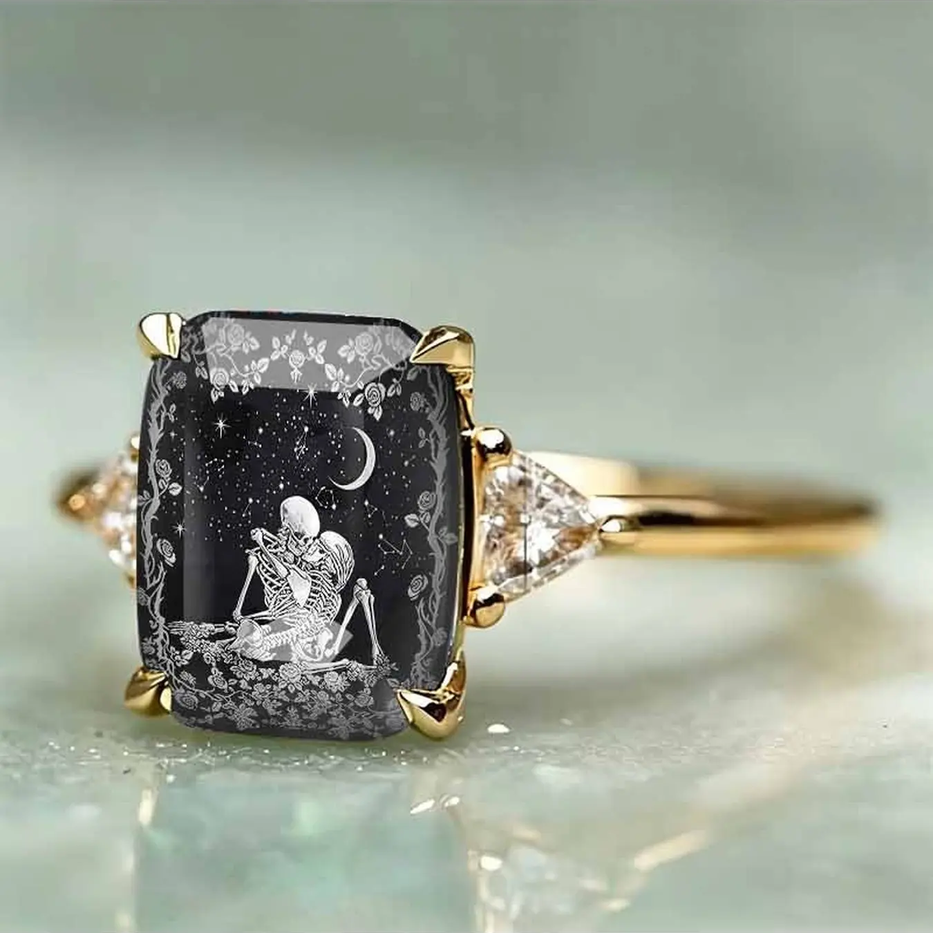 Starry Night Couple Skeleton Square Ring