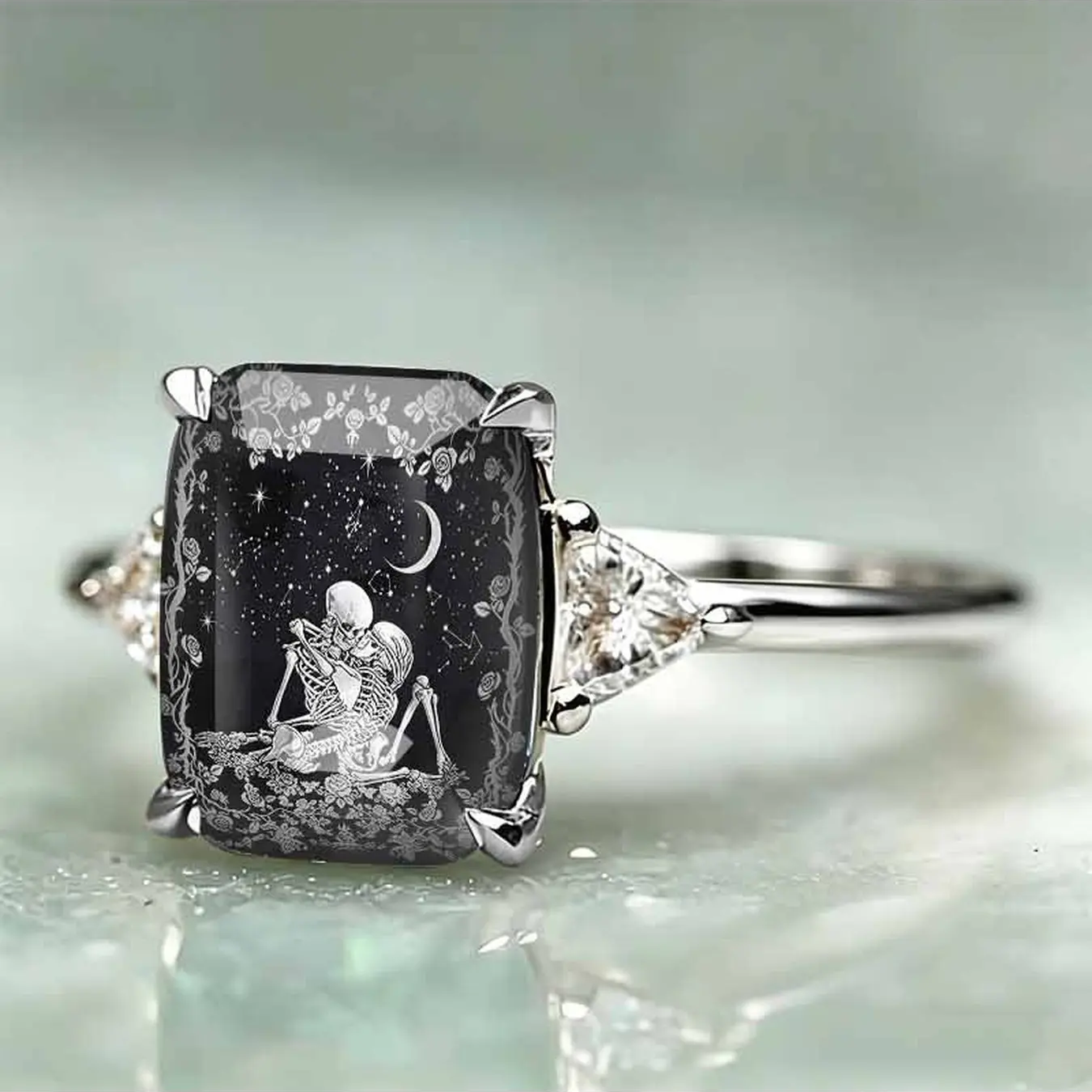 Starry Night Couple Skeleton Square Ring