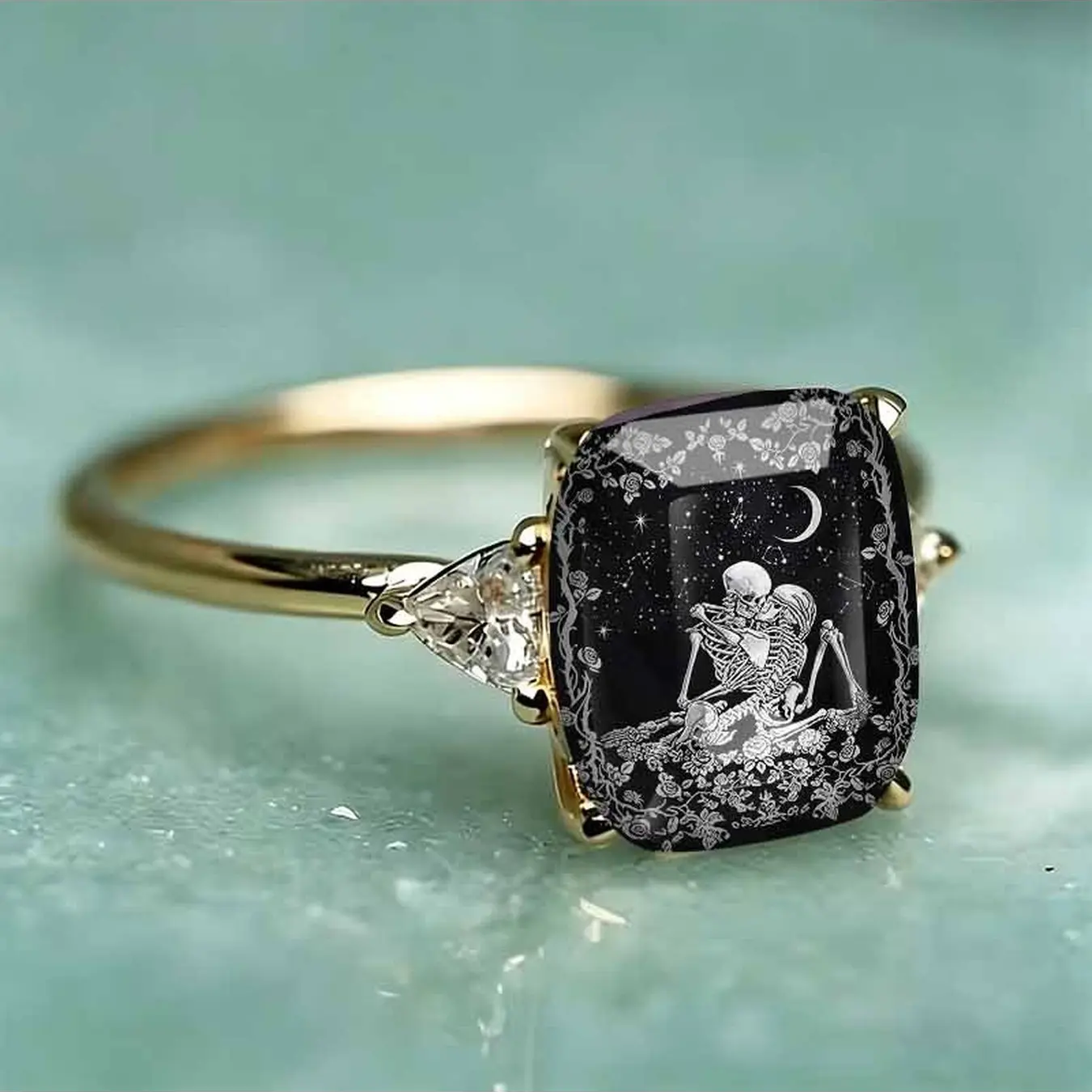 Starry Night Couple Skeleton Square Ring