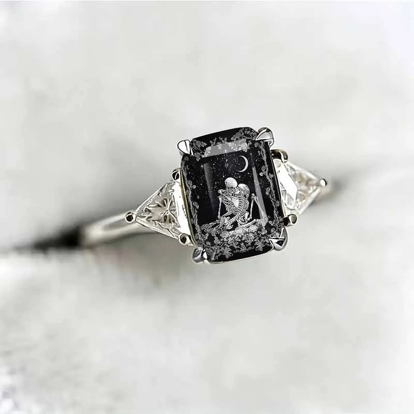 Starry Night Couple Skeleton Square Ring