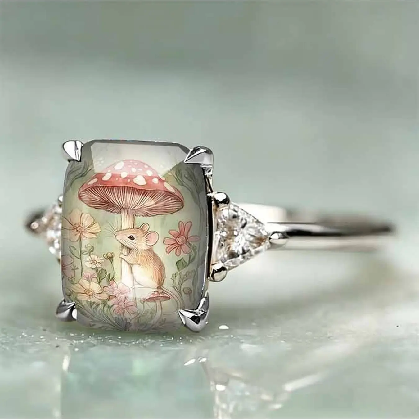 Forest Mouse Mushroom Statement Ring
