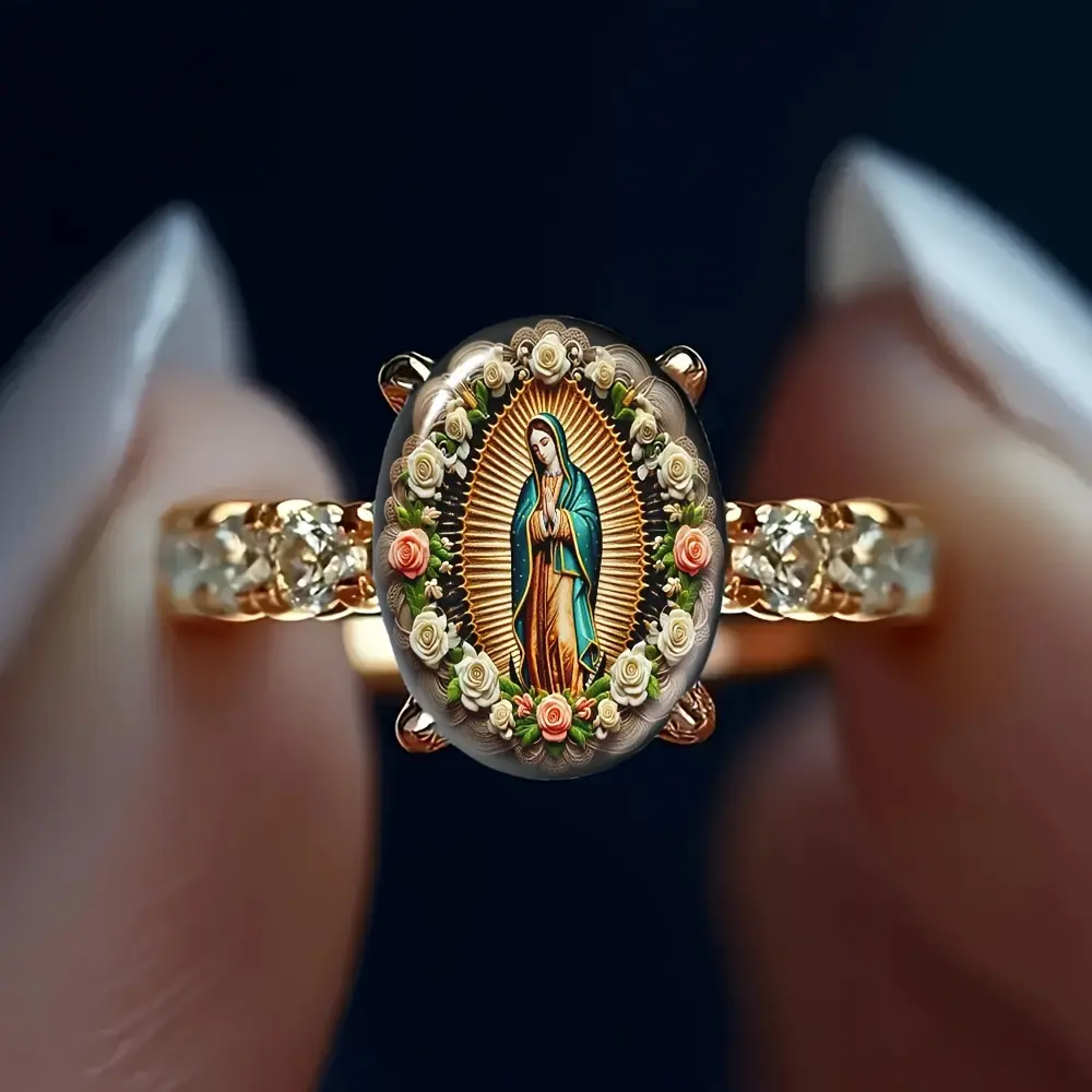 Floral Virgin Mary Oval Ring