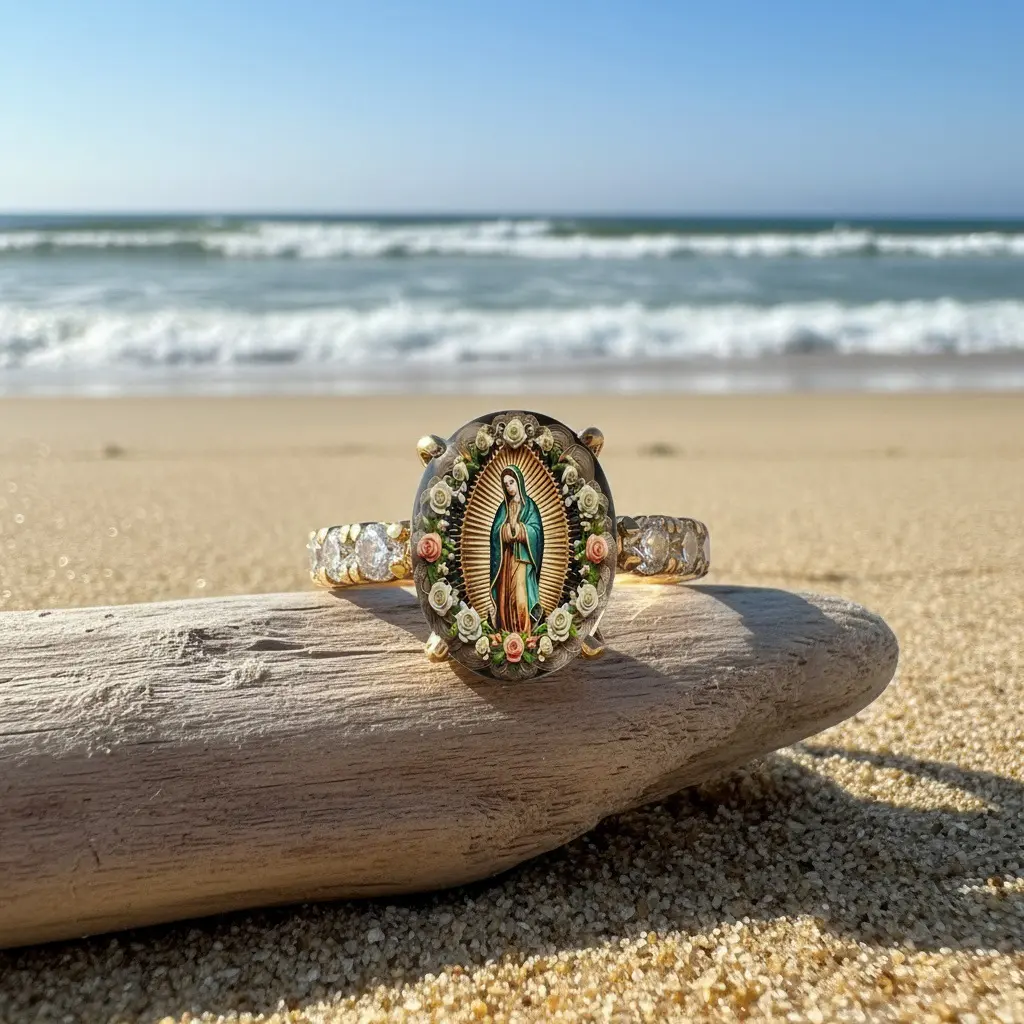Floral Virgin Mary Oval Ring