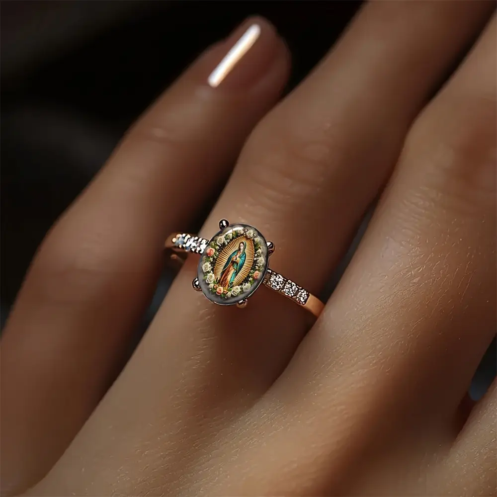 Floral Virgin Mary Oval Ring