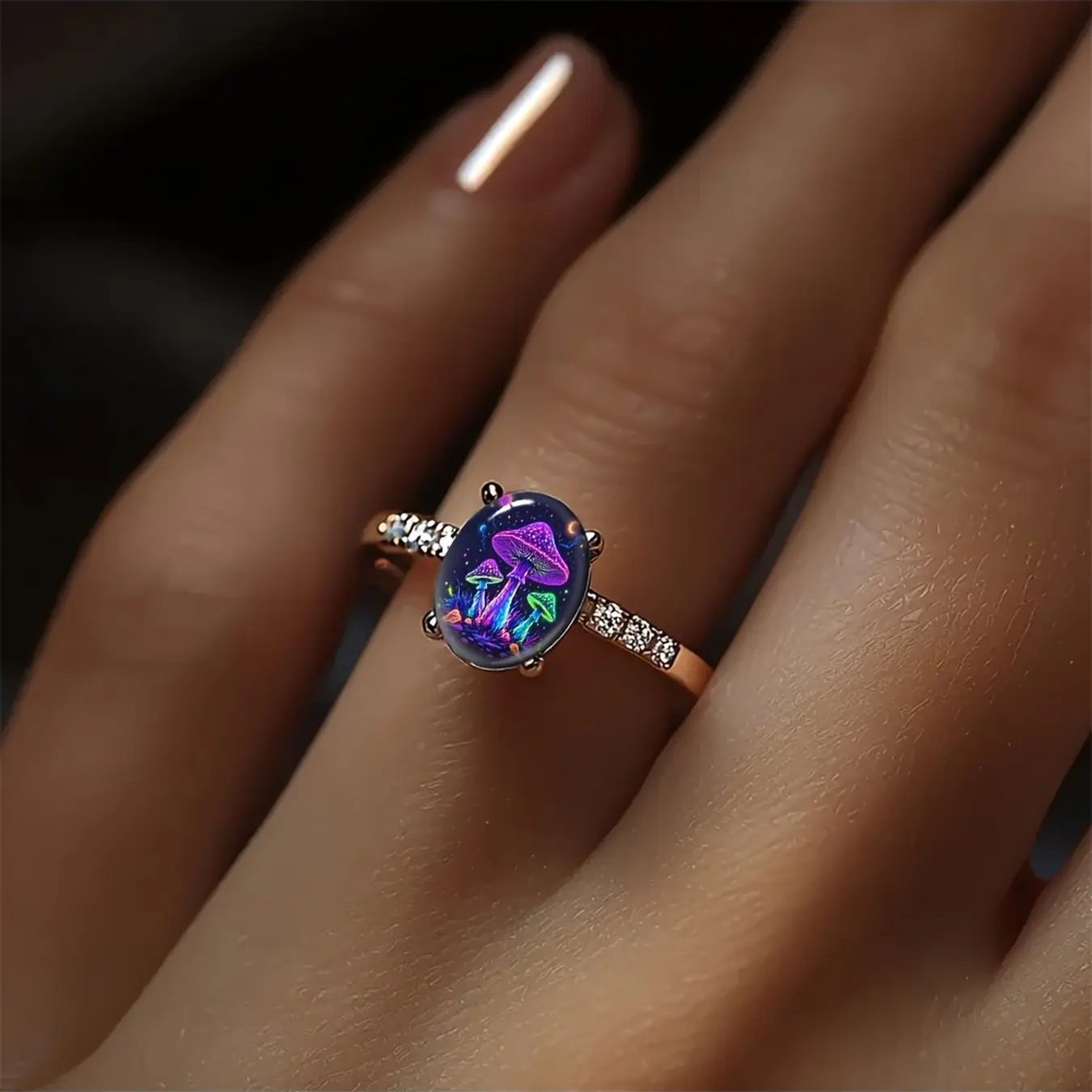 Neon Glittering Rainbow Oval Ring