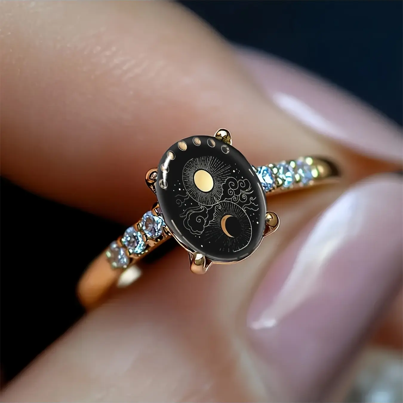 Sun and Moon Cloud Oval Ring