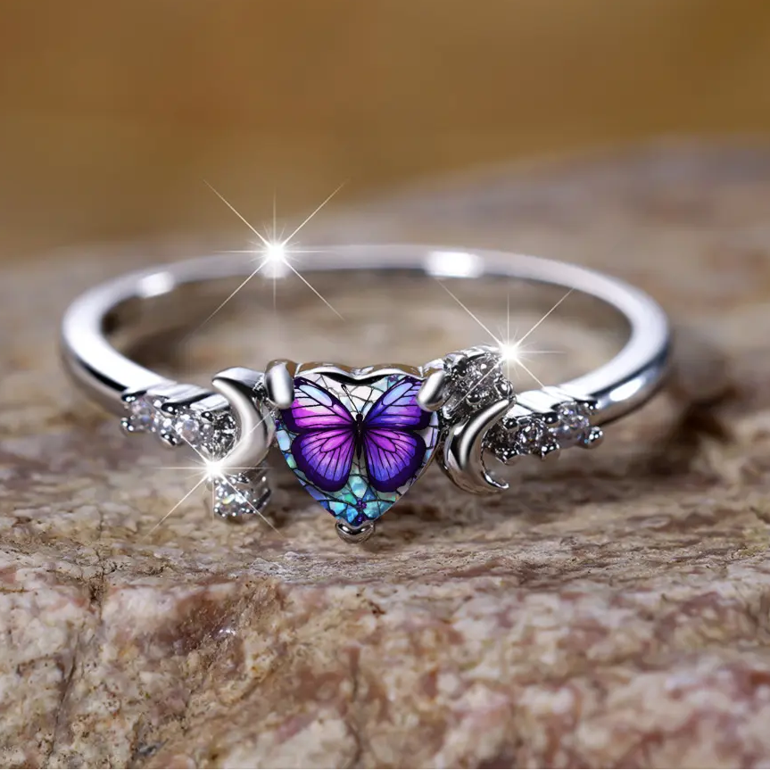 Butterfly Heart Moon Ring