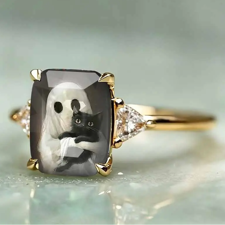 Ghost Holding Cat Statement Ring