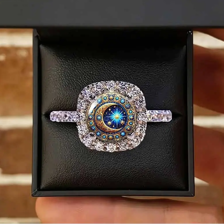 Solar Crescent Moon Pave Ring
