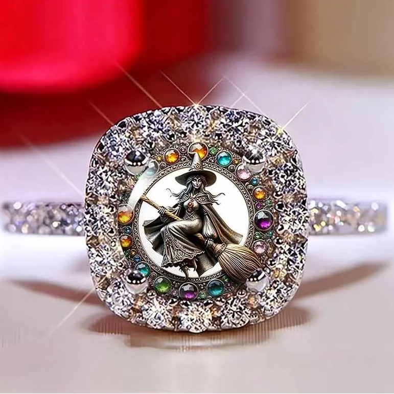 Witch On Broom Pave Ring