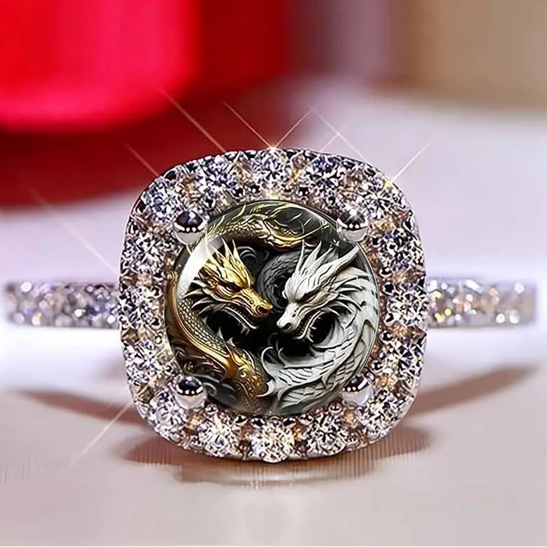 Double Dragon Pave Ring
