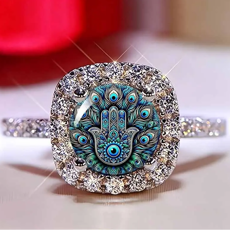 Evil Eye Hamsa Hand Pave Ring