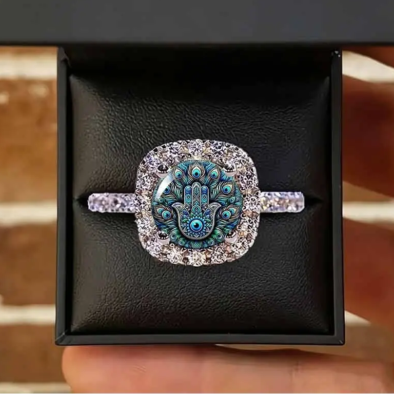 Evil Eye Hamsa Hand Pave Ring