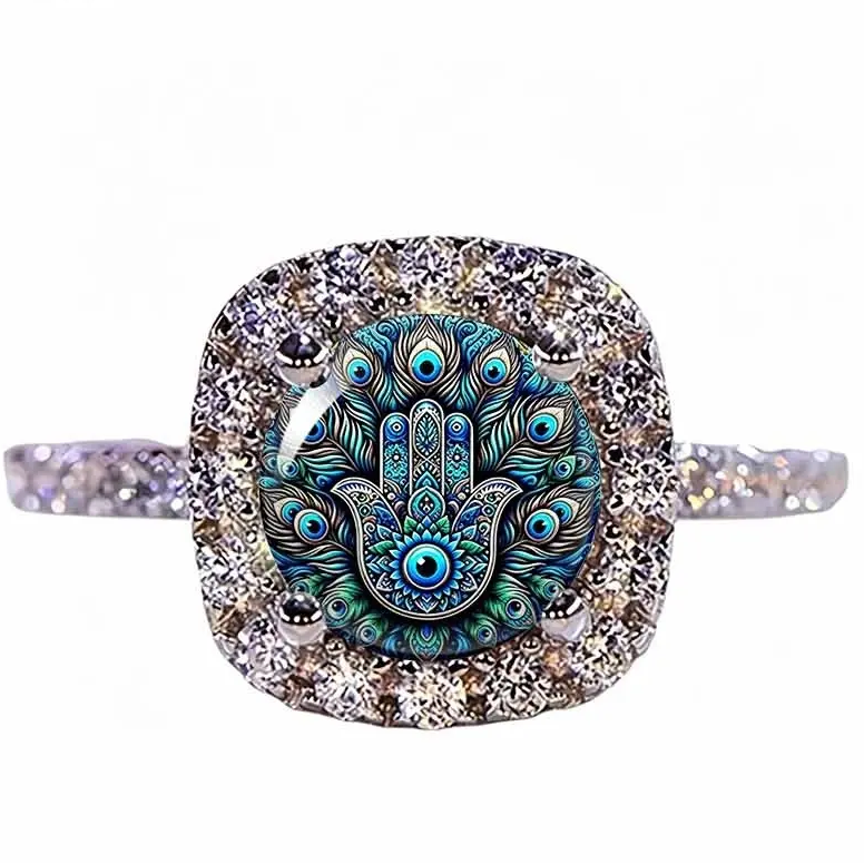 Evil Eye Hamsa Hand Pave Ring