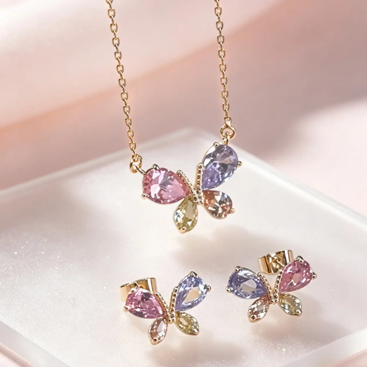 Colorful Bow Stud Earrings and Necklace