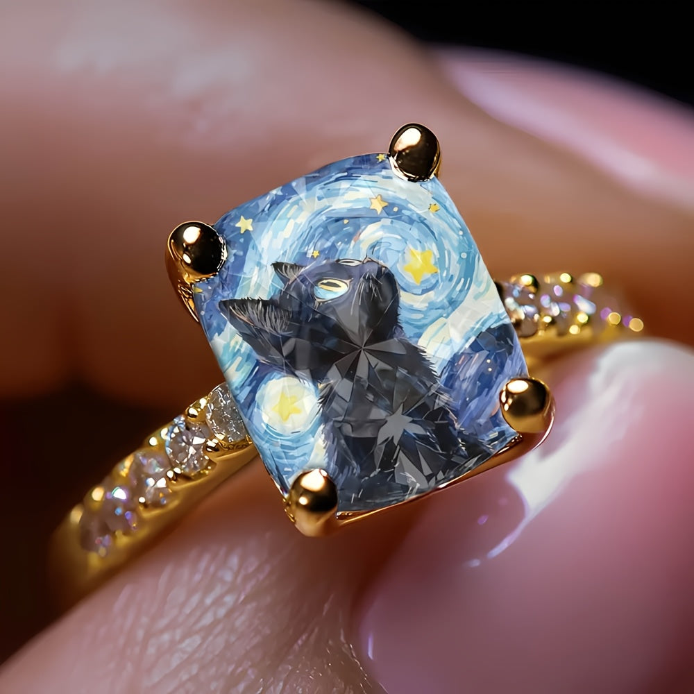 Starry Night Cat Square Ring